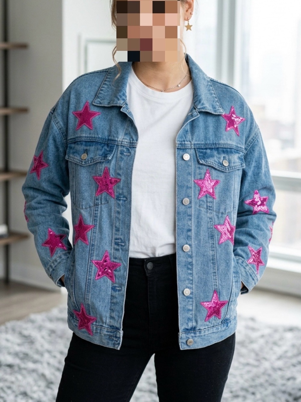 Fantastic Fawn Light Blue Denim Jacket with pink stars